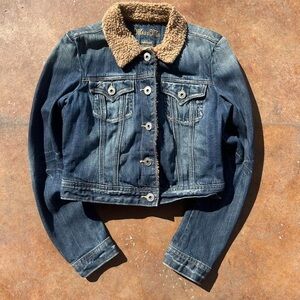 Miss Me Blue Denim Jacket with Brown Faux Fur Lining Size Medium